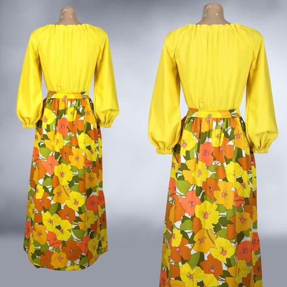VINTAGE 70s Flower Power Maxi Skirt and Balloon Sleeve Blouse Set Handmade - Picture 7 of 9